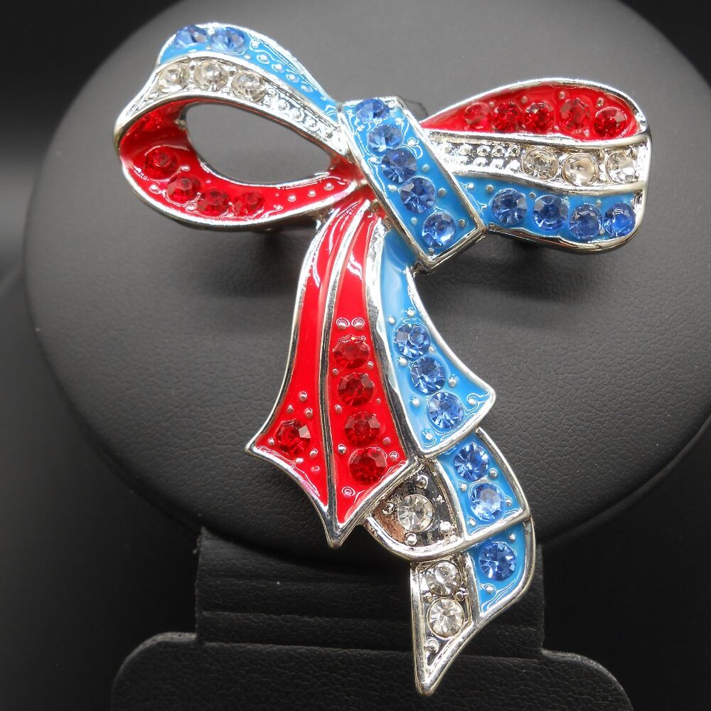 Brooch, Multi Color Austrian Crystal and Enameled American Flag Ribbon